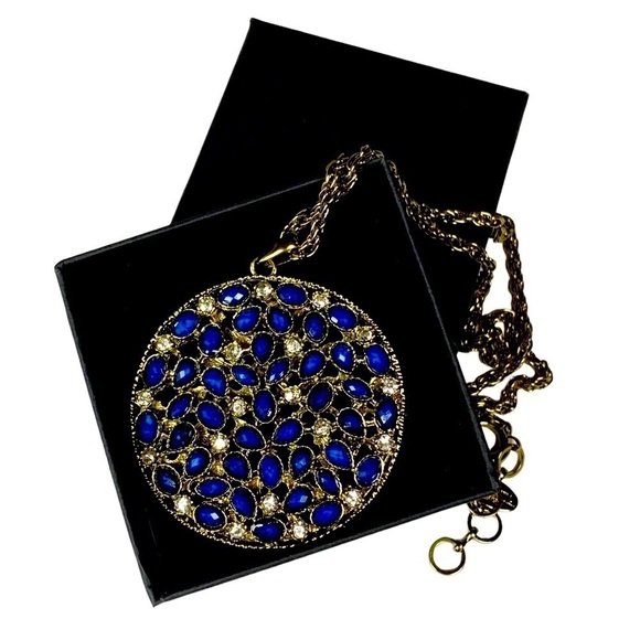 VINTAGE BOHO AMRITA SINGH BLUE RHINESTONE LARGE ROUND PENDANT NECKLACE Chain 18” - Picture 3 of 6